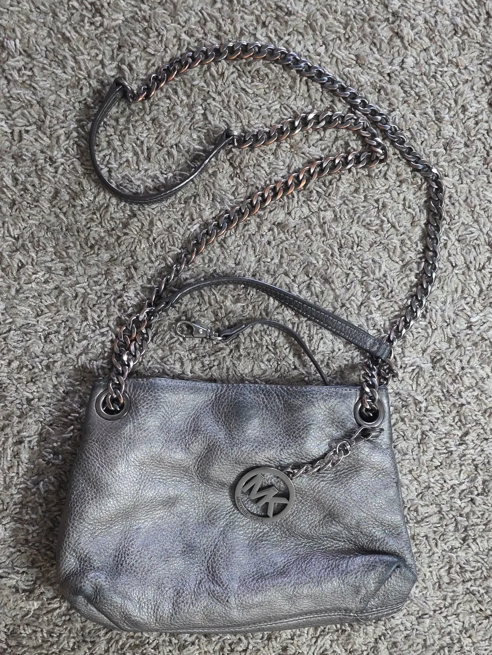 Michael Kors Metallic Gray Leather Chain-Shoulder Bag
